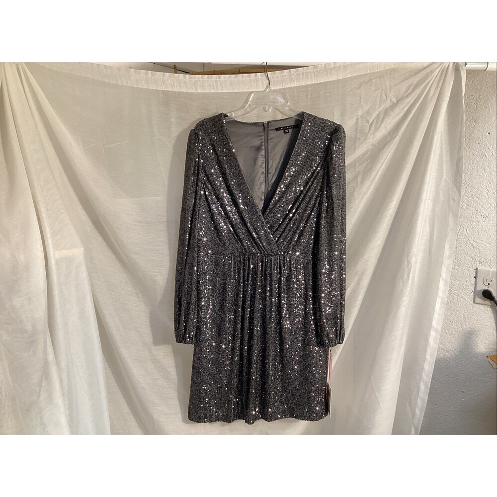 Alex Marie Becca sz 16P v neck long sleeve stretch sequin dress gray lined